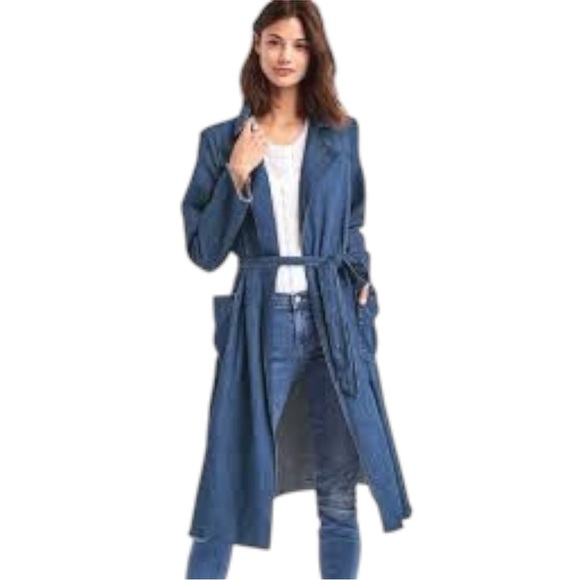 Gap Sz S Long Line Denim Trench Coat Patch Pockets Belt Frayed Edges Blue EUC - Picture 9 of 9